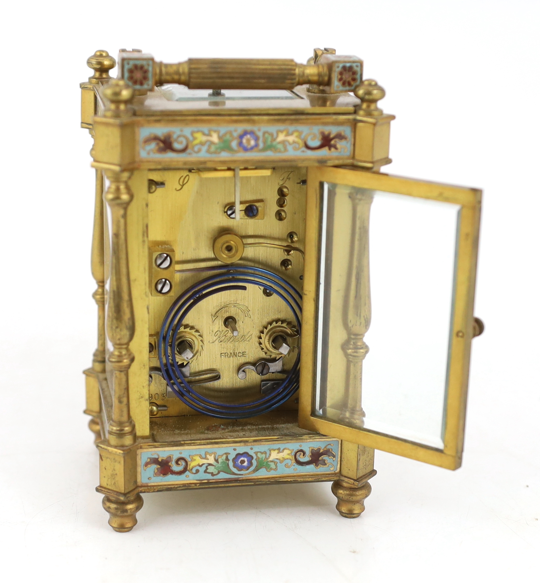 An early 20th century French ormolu and champlevé enamel hour repeating carriage clock